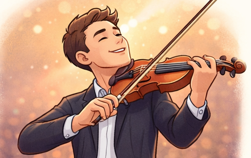 Cartoon advanced violin virtuoso performing dramatically under stage lights