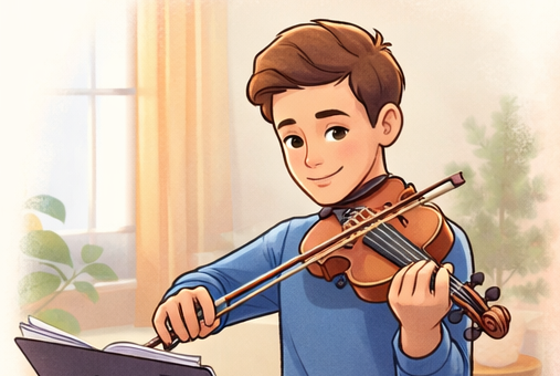 Cartoon beginner violinist learning with cheerful practice energy