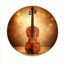 Close-up photograph of a violin with warm wood tones and detailed strings